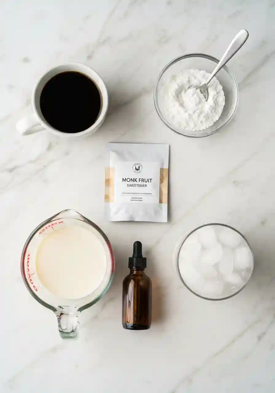 Top-down view of ingredients for coffee jelly drink including brewed coffee, milk, monk fruit sweetener, vanilla extract, ice cubes, and gelatin powder