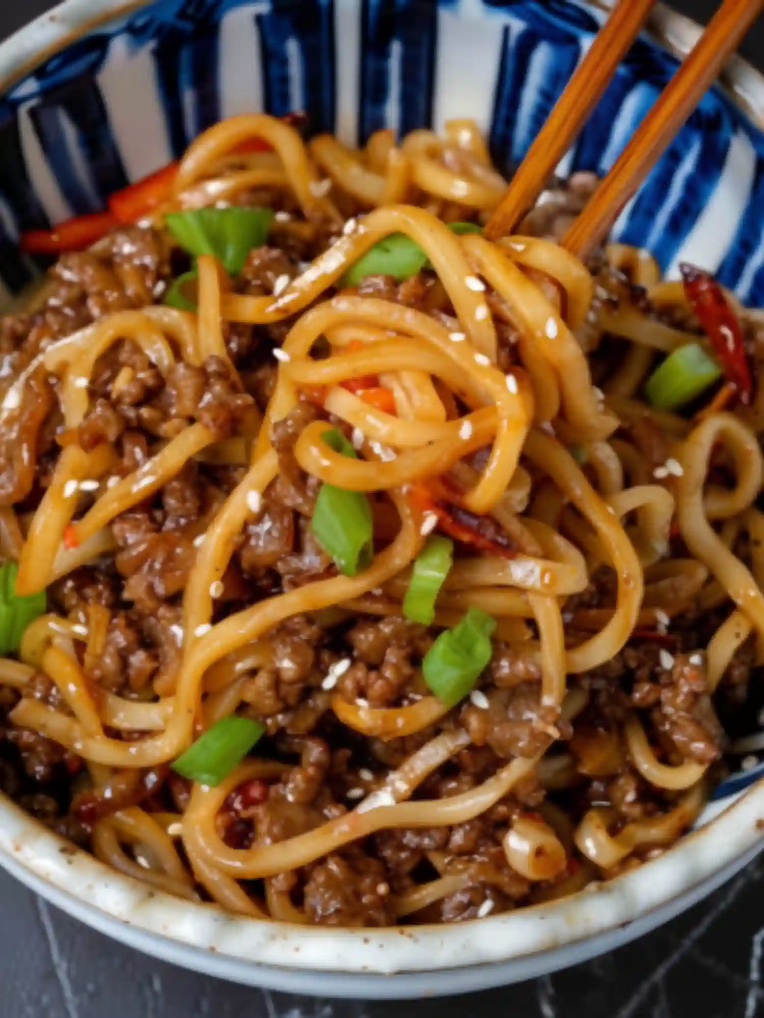Bowl of Mongolian ground beef noodles topped with green onions and sesame seeds, with chopsticks picking up a portion.