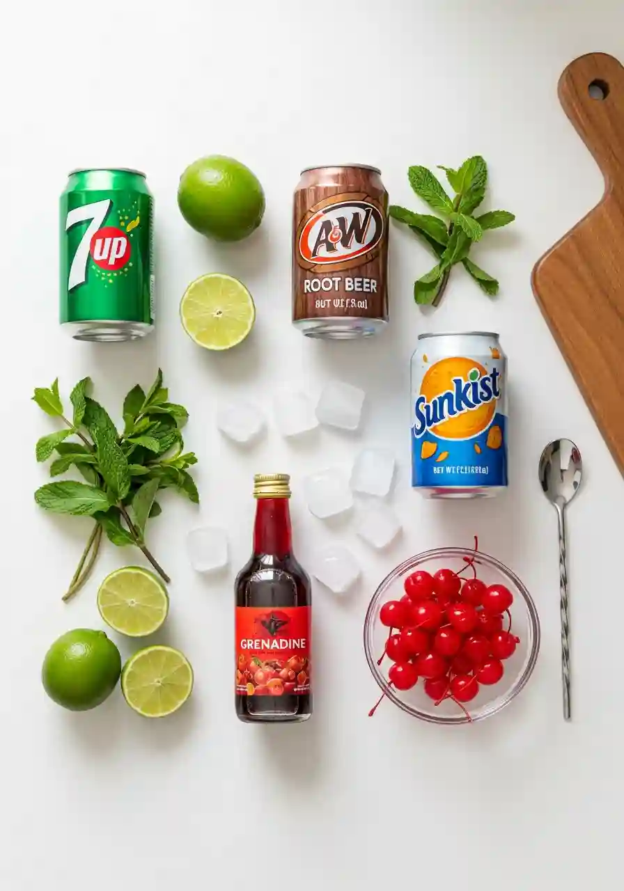Easy mocktails recipe ingredients including 7UP, root beer, orange soda, grenadine, mint, lime, ice cubes, and cherries arranged on a white surface.