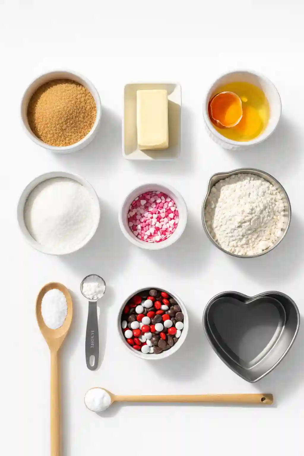 Heart Shaped Cookie Cake Ingredients Flat Lay Heart shaped cookie cake ingredients arranged neatly on a white background with no shadows.