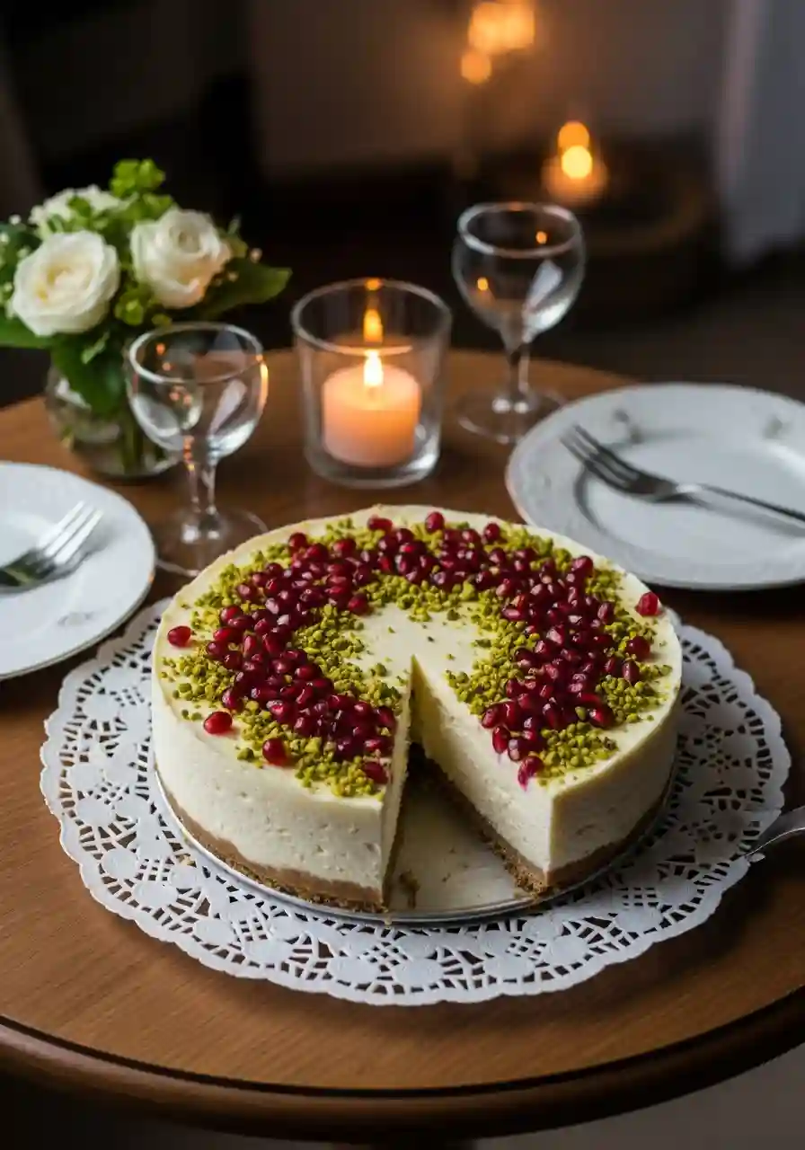 Romantic dessert ideas – White chocolate pomegranate cheesecake Romantic dessert ideas with white chocolate pomegranate cheesecake topped with pistachios and pomegranate seeds on a romantic table setting