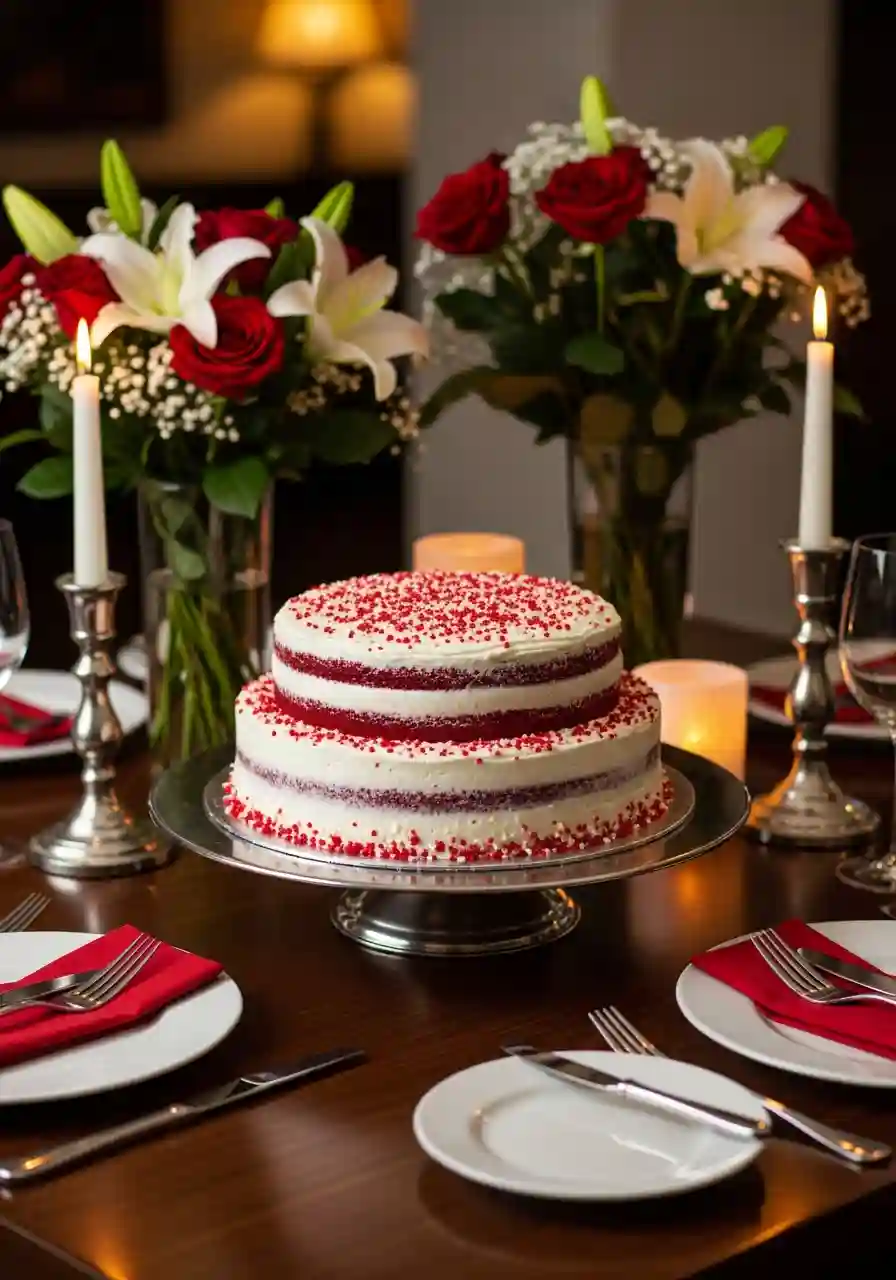 Romantic dessert ideas – Red velvet brownie torte for special occasions Romantic dessert ideas with red velvet brownie torte decorated with red sprinkles, set on a romantic candlelit dinner table with flowers