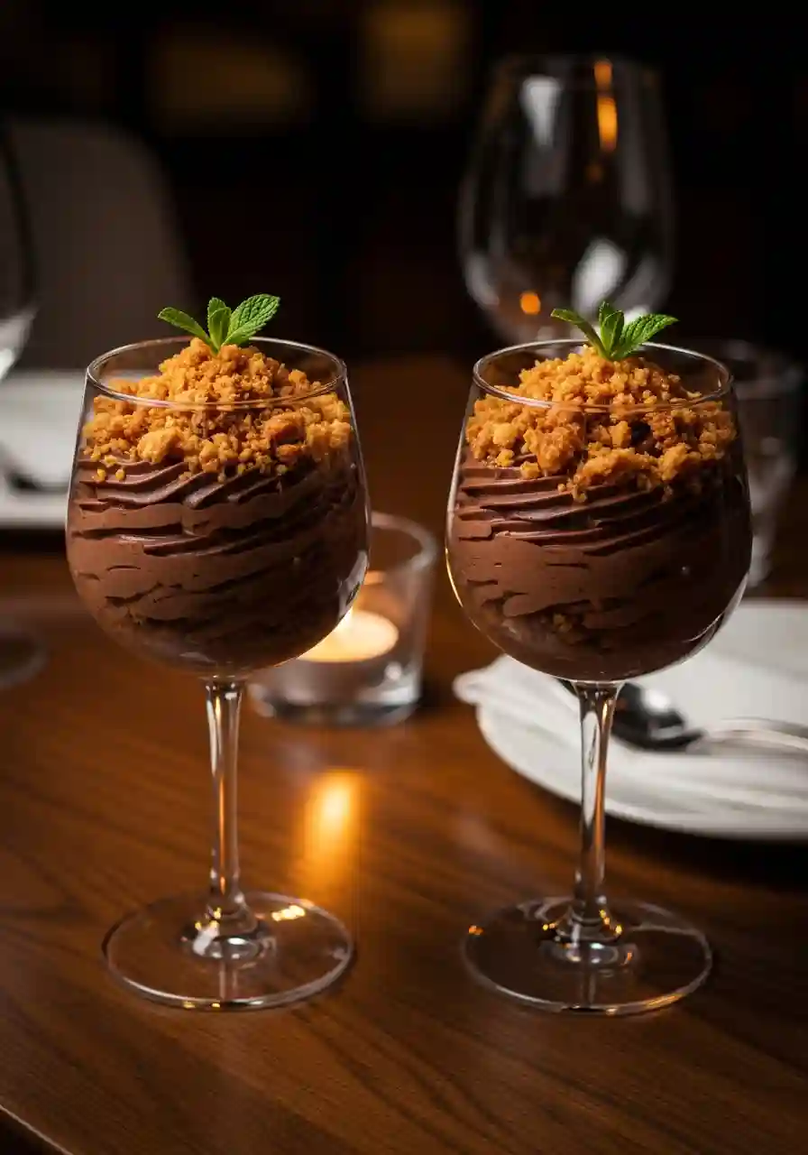 Romantic dessert ideas – Chocolate mousse with croissant crumbs served for two Romantic dessert ideas featuring chocolate mousse in wine glasses topped with croissant crumbs and mint, set on an intimate dinner table