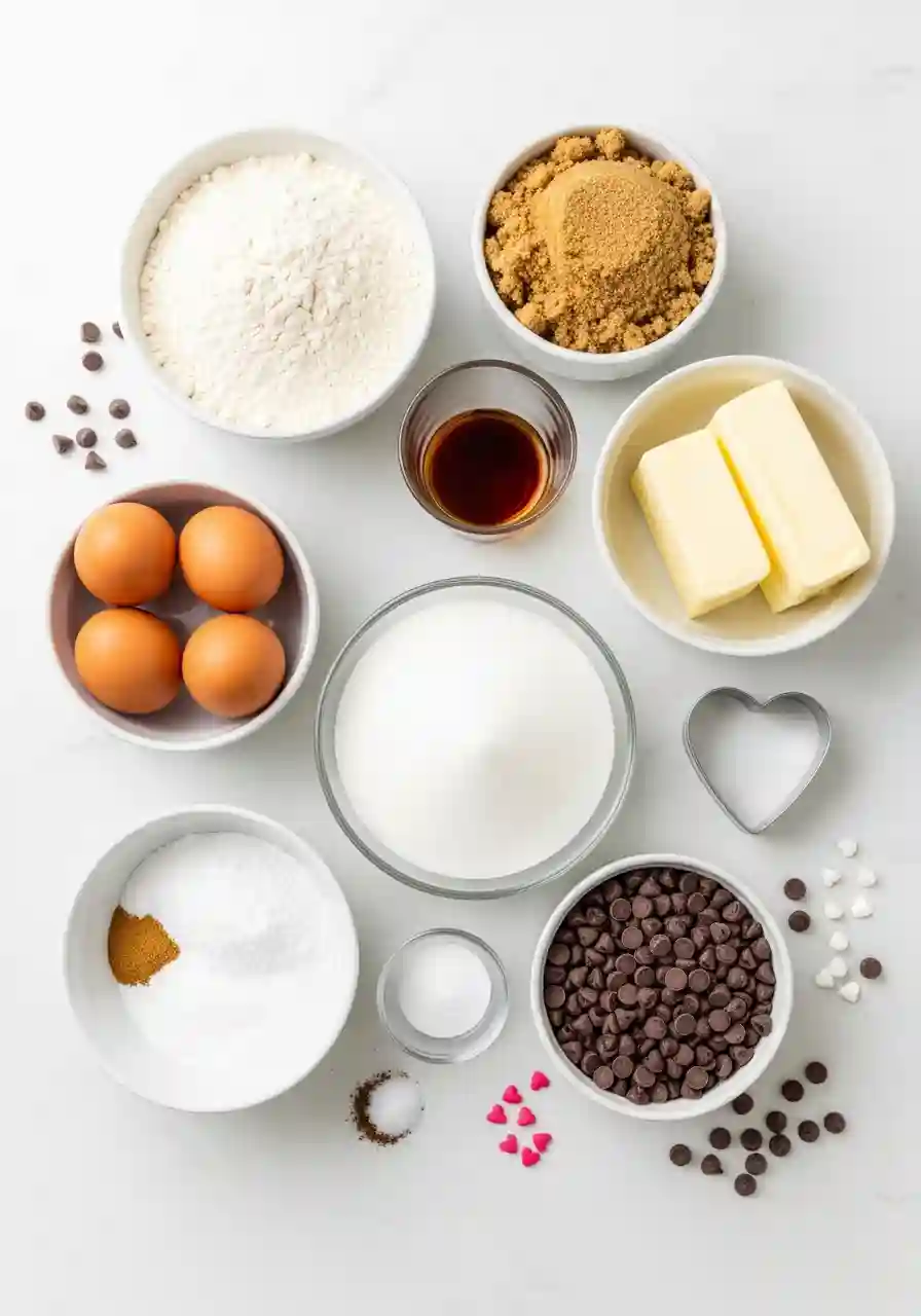 Overhead view of measured ingredients for heart shaped chocolate chip cookies including flour, butter, sugar, eggs, chocolate chips, and a heart cookie cutter