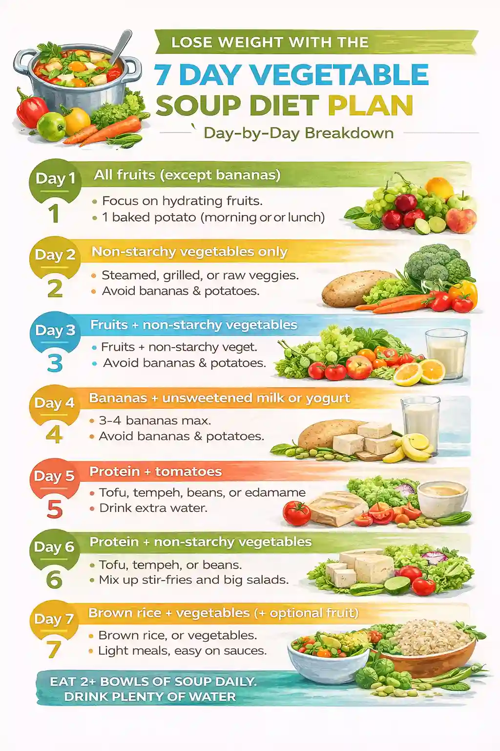 7 Day Vegetable Soup Diet Meal Plan Overview 7 day vegetable soup diet recipe for weight loss infographic showing daily meal breakdown, allowed foods, and soup consumption tips.