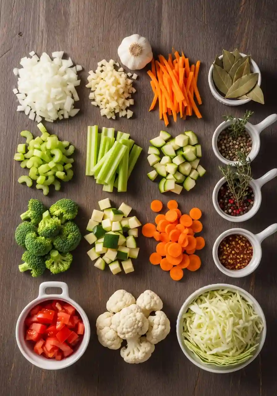 Fresh Ingredients for 7 Day Vegetable Soup Diet 7 day vegetable soup diet recipe for weight loss ingredients including chopped celery, zucchini, garlic, onion, cabbage, carrots, tomatoes, herbs, and spices.