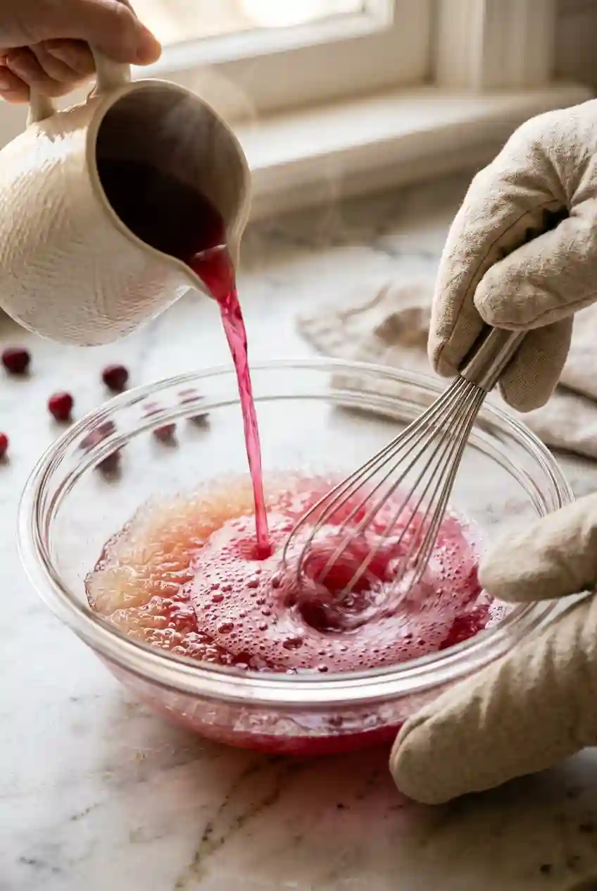 Dissolving gelatin with hot cranberry juice for Dr Oz Pink Gelatin Recipe for Weight Loss smooth texture step