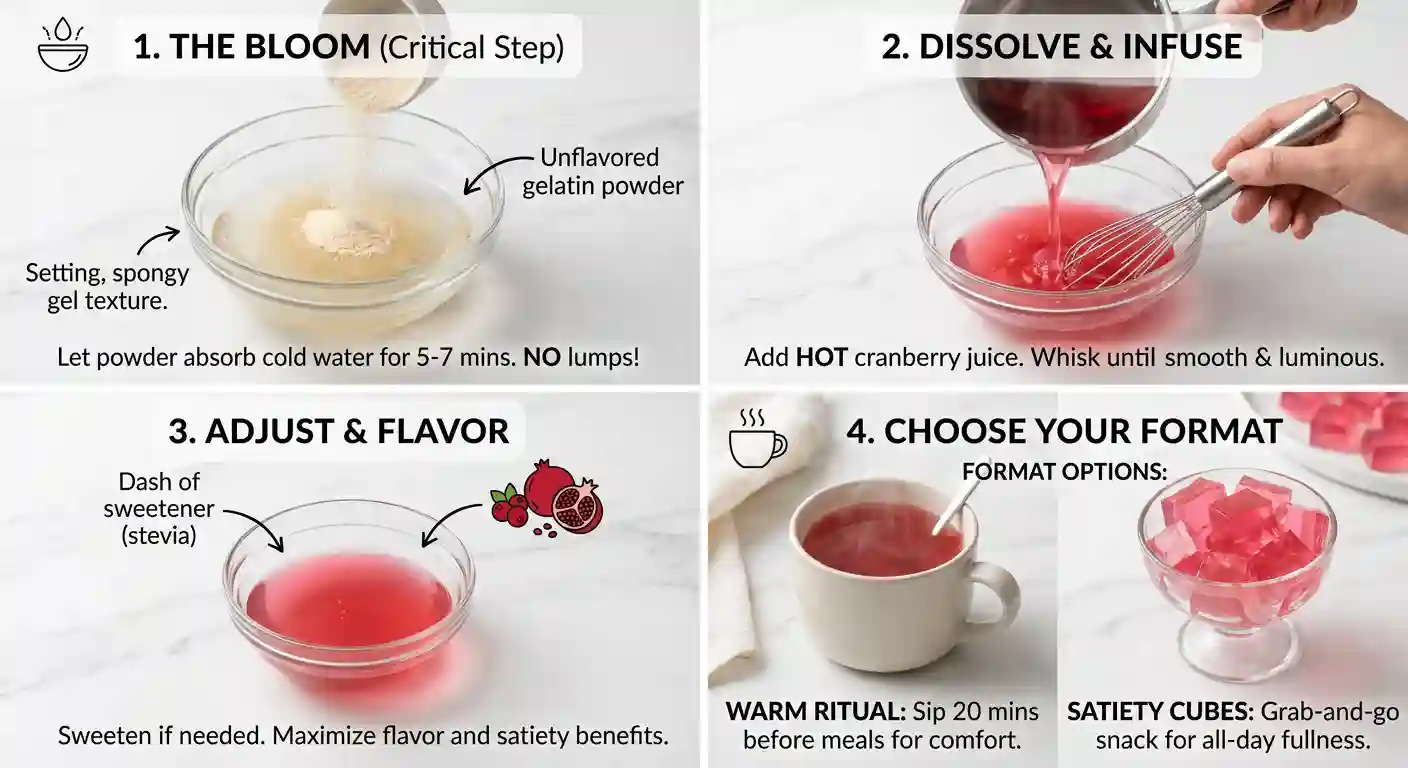Dr Oz Pink Gelatin Recipe for Weight Loss step by step blooming dissolving and format options infographic