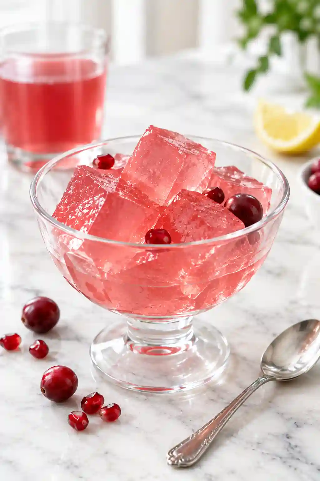 Pink gelatin cubes served as a light cranberry gelatin snack