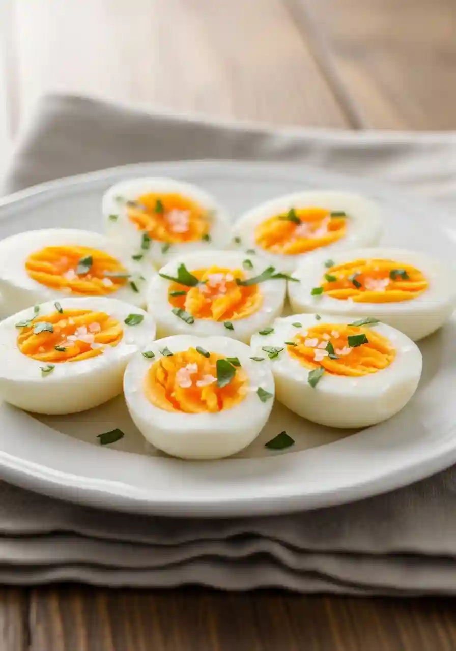 Instant Pot Hard Boiled Eggs served halved on a plate with salt and herbs