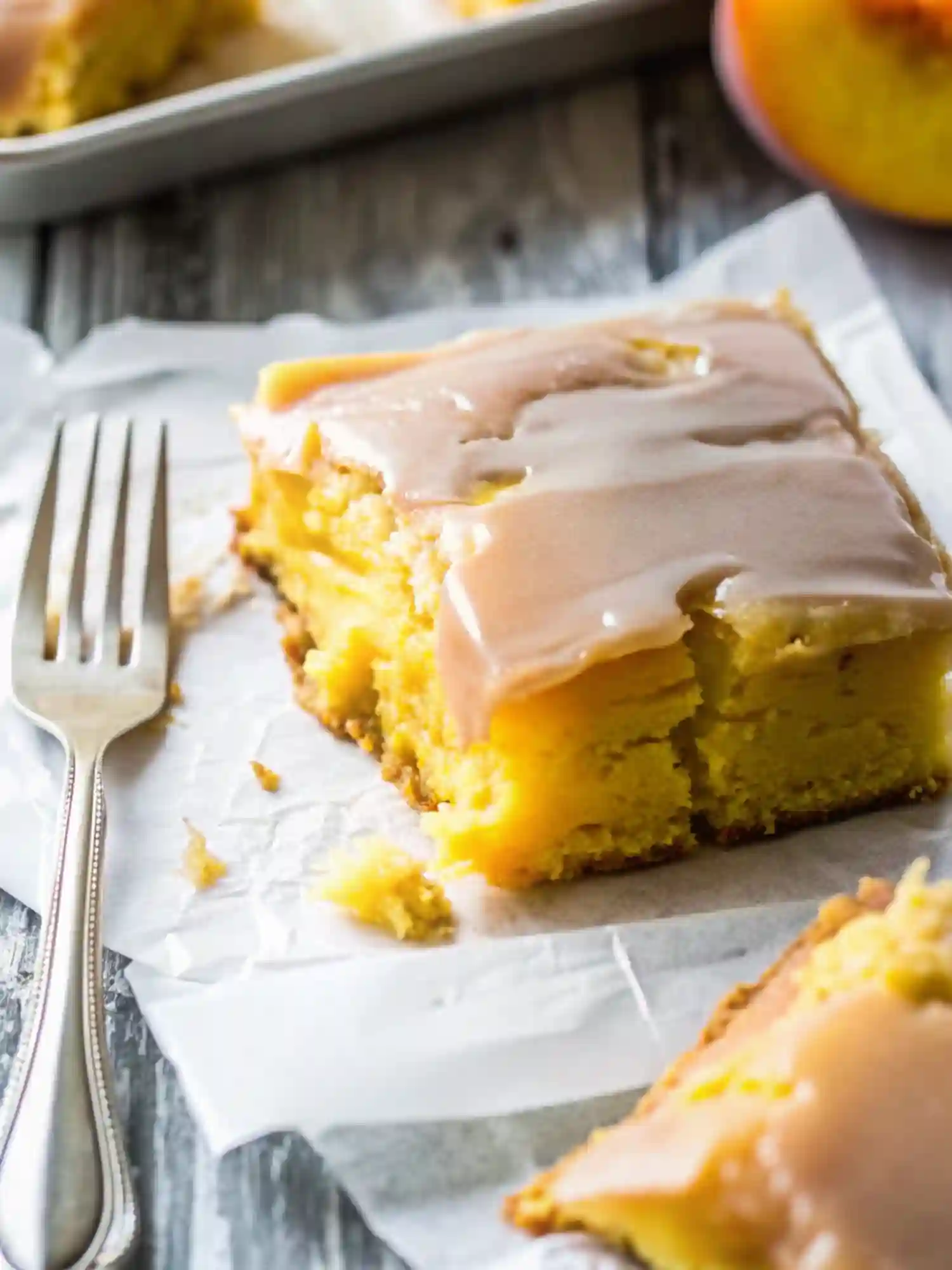 Slice of brown sugar peach cake with glossy brown sugar frosting served on parchment paper with a fork and fresh peach in background