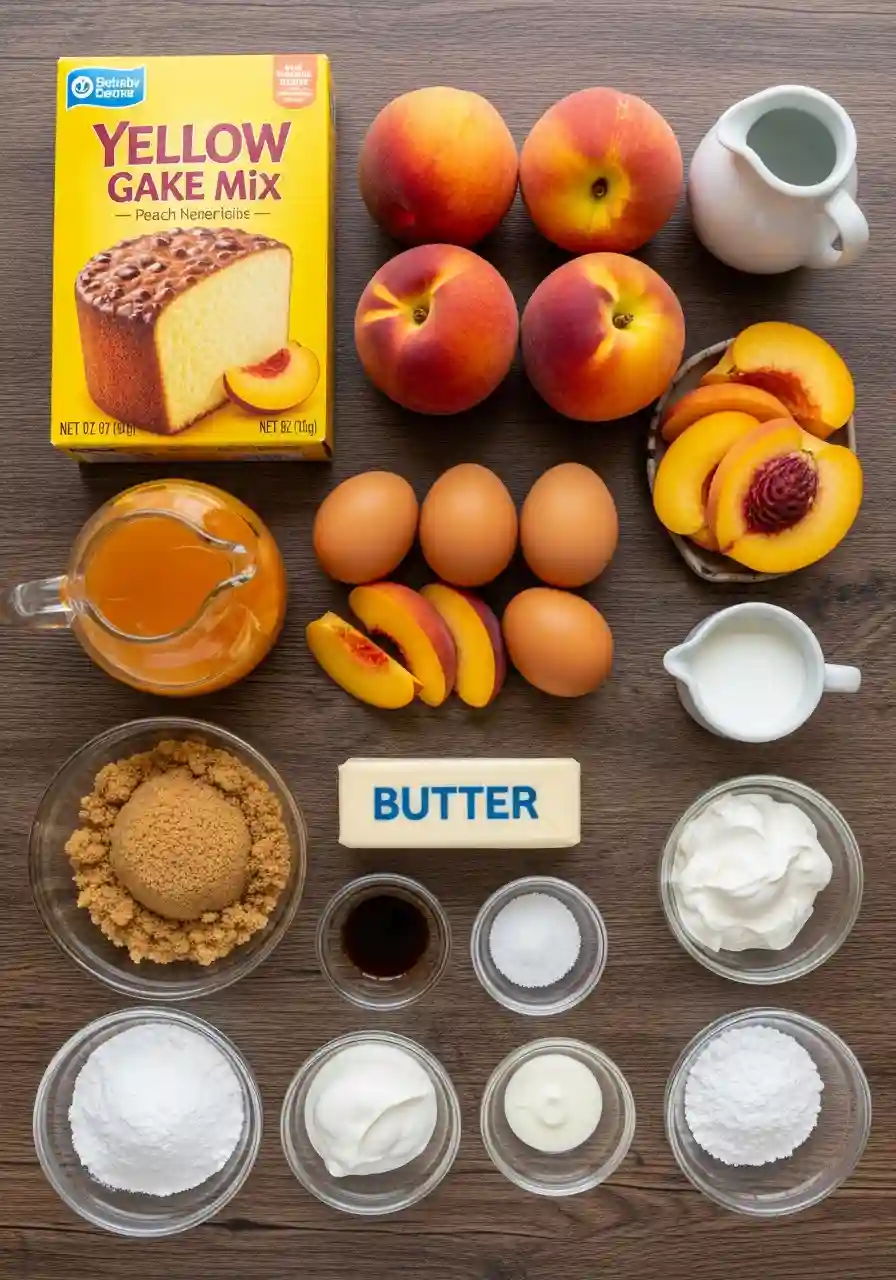 Flat lay of brown sugar peach cake ingredients on a wooden surface including fresh peaches, eggs, cake mix, butter, brown sugar, peach nectar, and cream