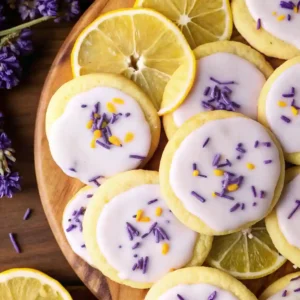 Freshly baked lemon lavender cookies with purple sprinkles and white glaze, arranged on a wooden board with lemon slices and dried lavender flowers.
