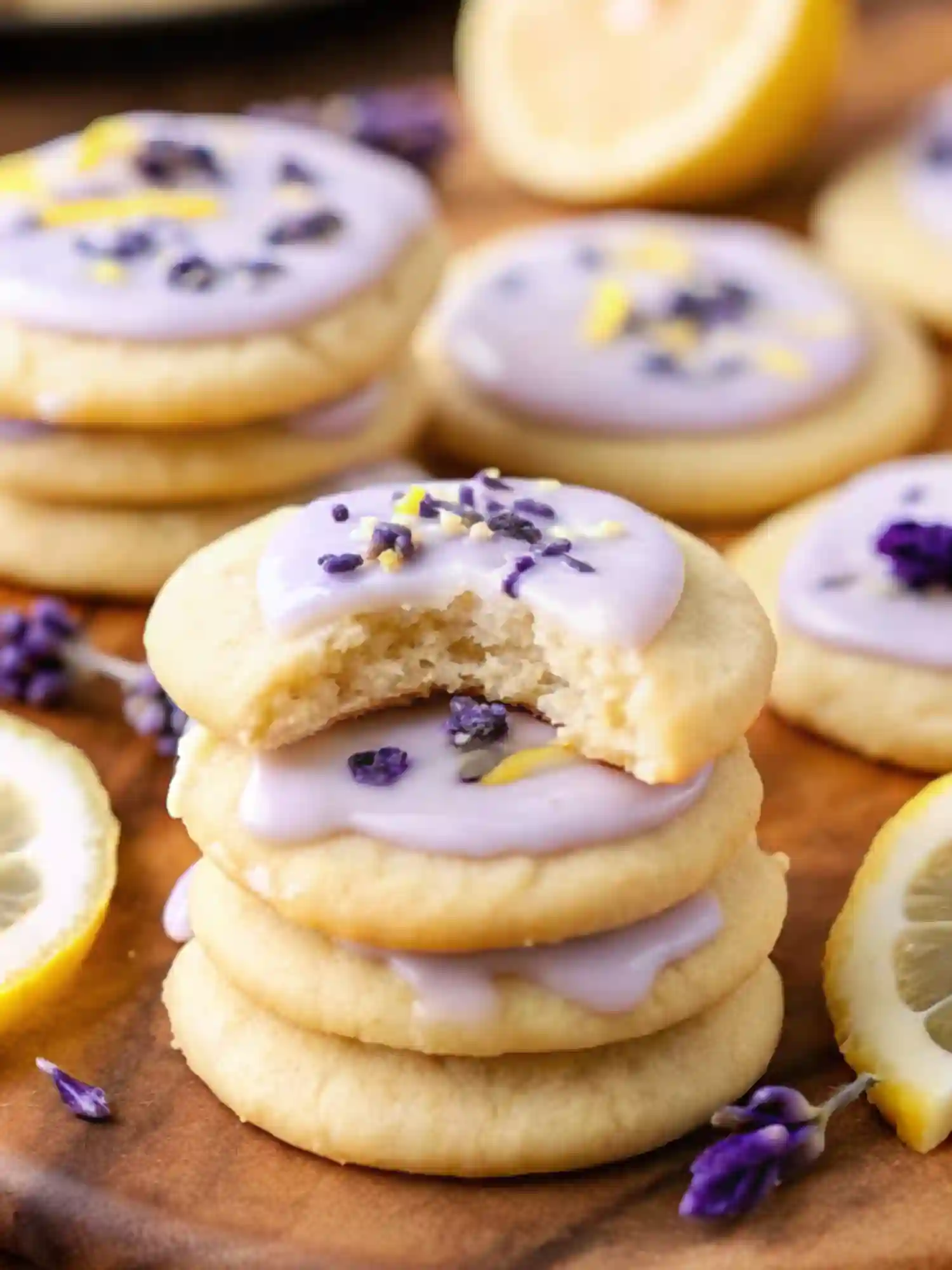 Stack of lemon lavender cookies with purple glaze and a bite taken out of the top cookie, surrounded by lemon slices and dried lavender.