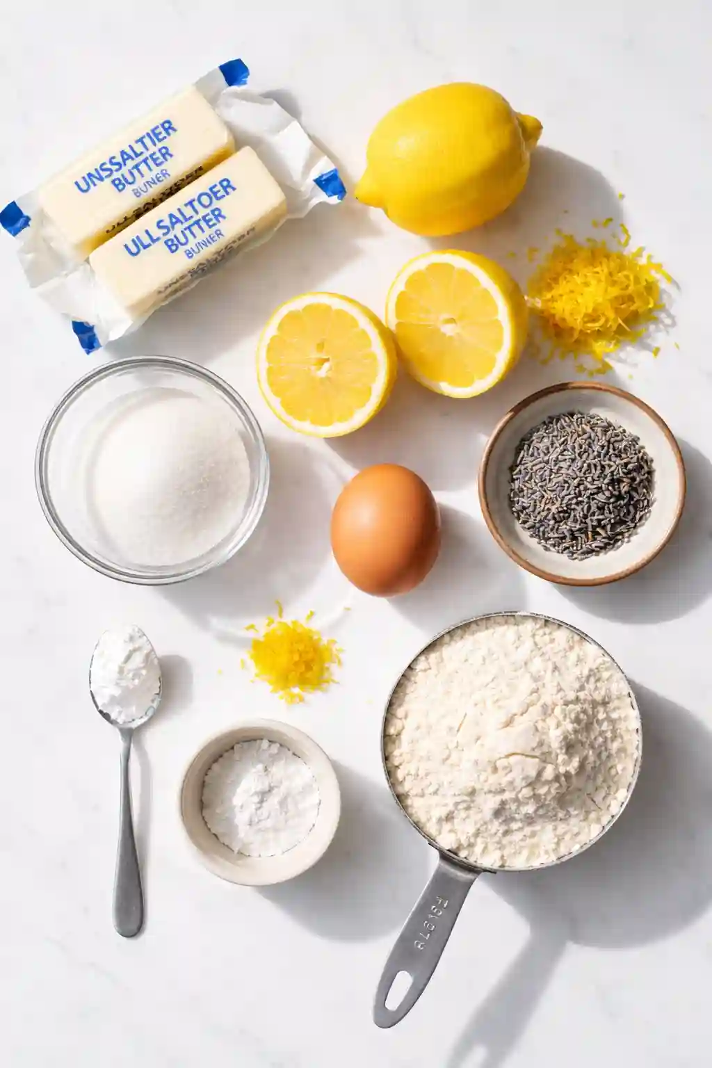 Lemon lavender cookie ingredients including butter, sugar, lemon zest, eggs, flour, baking powder, cornstarch, and dried lavender arranged on a marble surface.