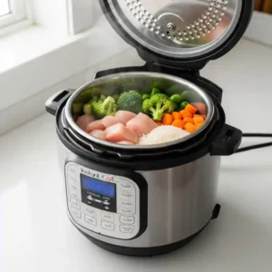 how to use an Instant Pot with raw chicken, rice, and vegetables loaded inside before pressure cooking