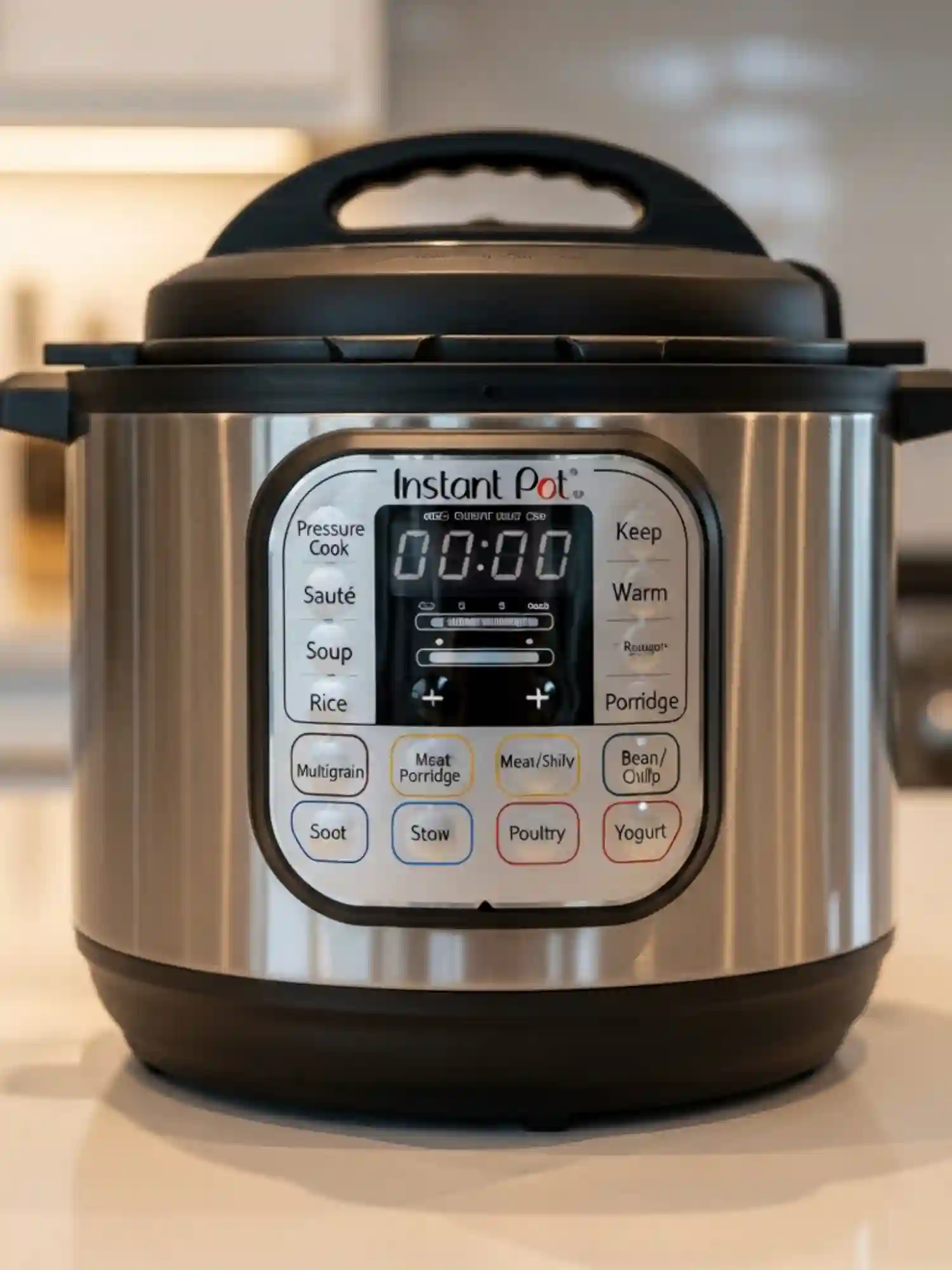 Front view of a closed Instant Pot showing labeled control panel with preset cooking functions