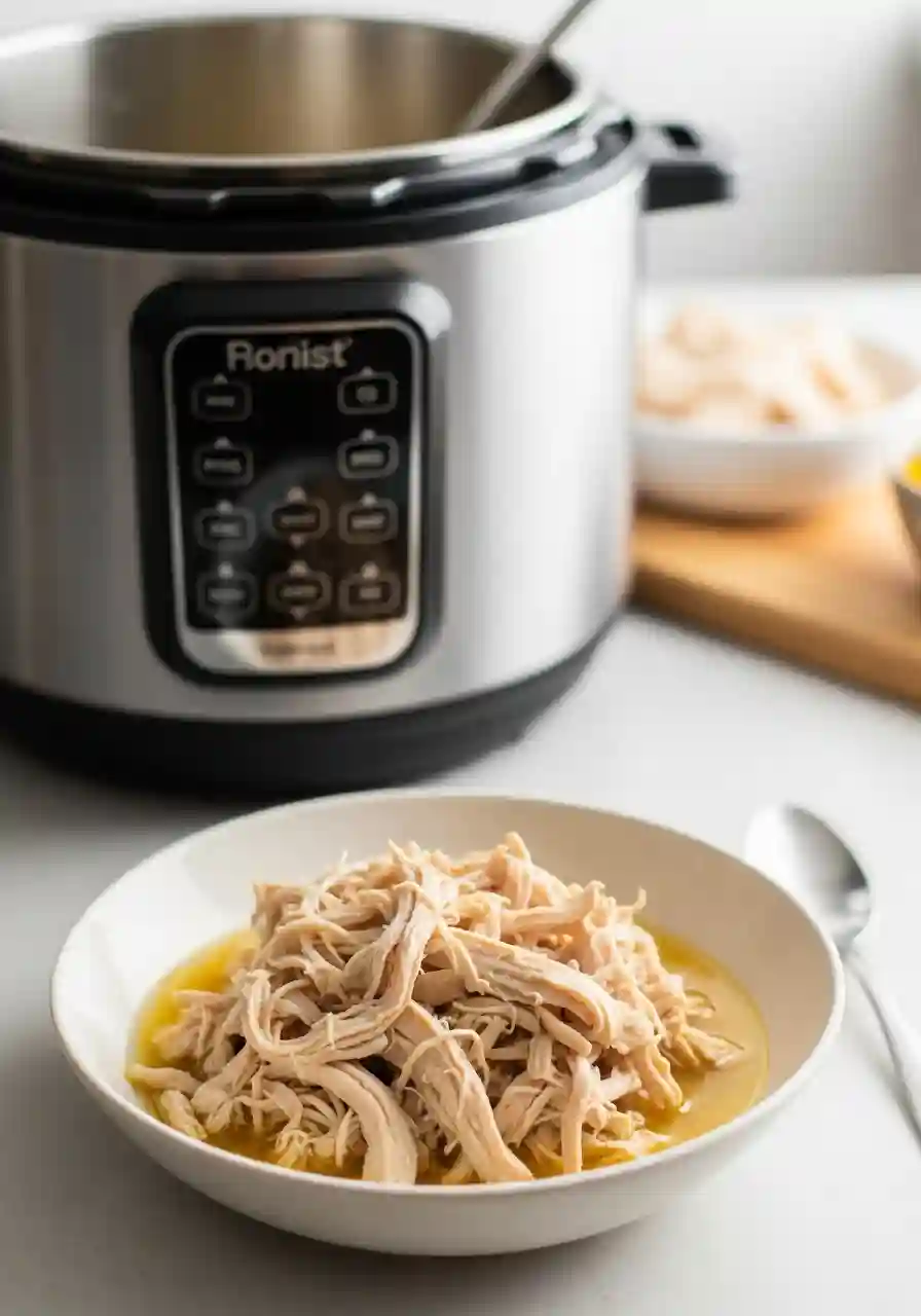 Bowl of shredded chicken in broth in front of an Instant Pot, showing the result of pressure cooking