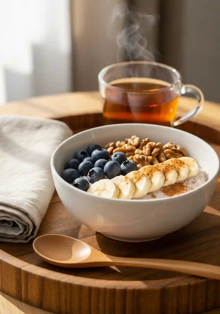 Budwig Recipe bowl topped with banana slices, blueberries, walnuts, and cinnamon, served on a wooden tray with a glass cup of hot tea