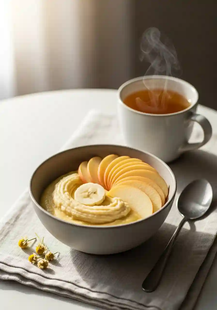 Creamy Budwig Recipe bowl with banana and thinly sliced apple, served on a linen napkin with a spoon and a steaming cup of herbal tea