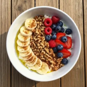 Budwig Recipe bowl topped with sliced banana, walnuts, raspberries, blueberries, strawberries, and cinnamon, served in a white bowl on a wooden table