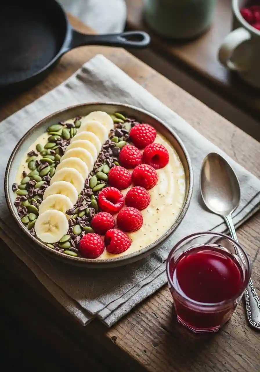 Budwig Recipe bowl with banana slices, raspberries, pumpkin seeds, and cacao nibs, served with a glass of dark red juice on a rustic wooden table