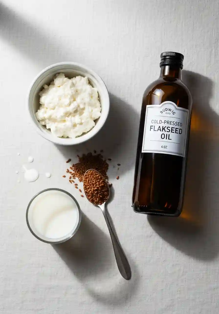 Flat lay of Budwig Recipe ingredients including cottage cheese in a bowl, a dark bottle of cold-pressed flaxseed oil, a spoonful of flax seeds, and a glass of milk on a white linen surface