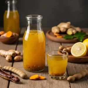 Jamu Recipe authentic Indonesian turmeric ginger drink served in a glass bottle and small glass with tamarind and fresh roots on a wooden table