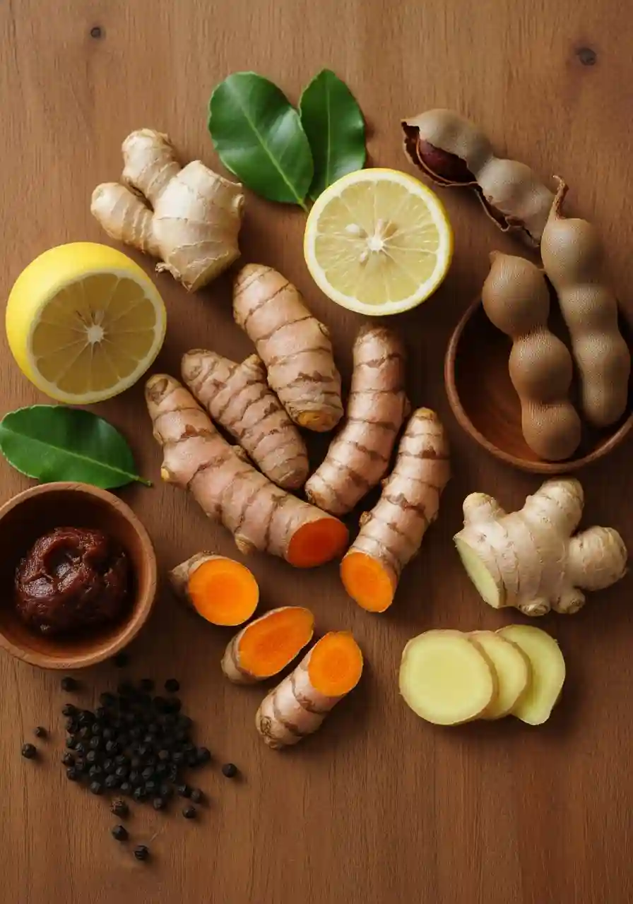 Jamu Recipe ingredients including fresh turmeric roots ginger tamarind lemon and black pepper arranged on a wooden surface