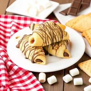 Freshly baked s’mores crescent rolls drizzled with chocolate, served on a white plate with marshmallows, graham crackers, and chocolate in the background