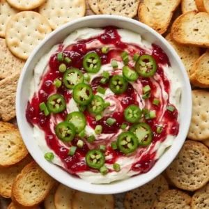 Top view of Cranberry Jalapeño Cream Cheese Dip Recipe served in a white bowl, swirled with cranberry sauce, sliced jalapeños, and green onions, surrounded by crackers.