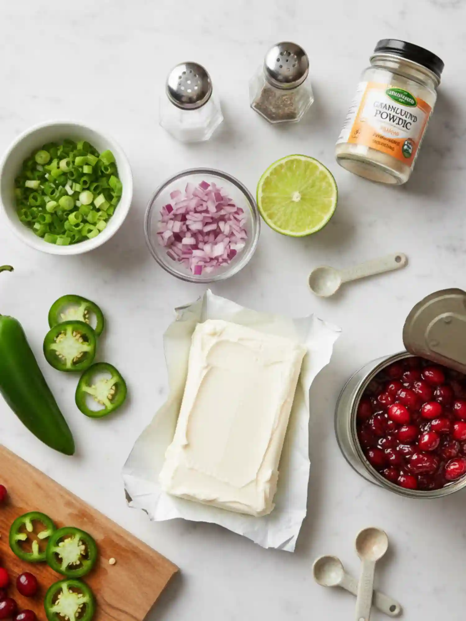 Flat lay of ingredients for Cranberry Jalapeño Cream Cheese Dip Recipe including cream cheese, jalapeños, green onions, red onion, canned cranberries, lime, garlic powder, salt, and pepper.