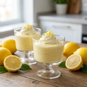 Lemon Mousse served in elegant glass cups topped with whipped cream and lemon zest, surrounded by fresh whole and sliced lemons on a rustic wooden table.