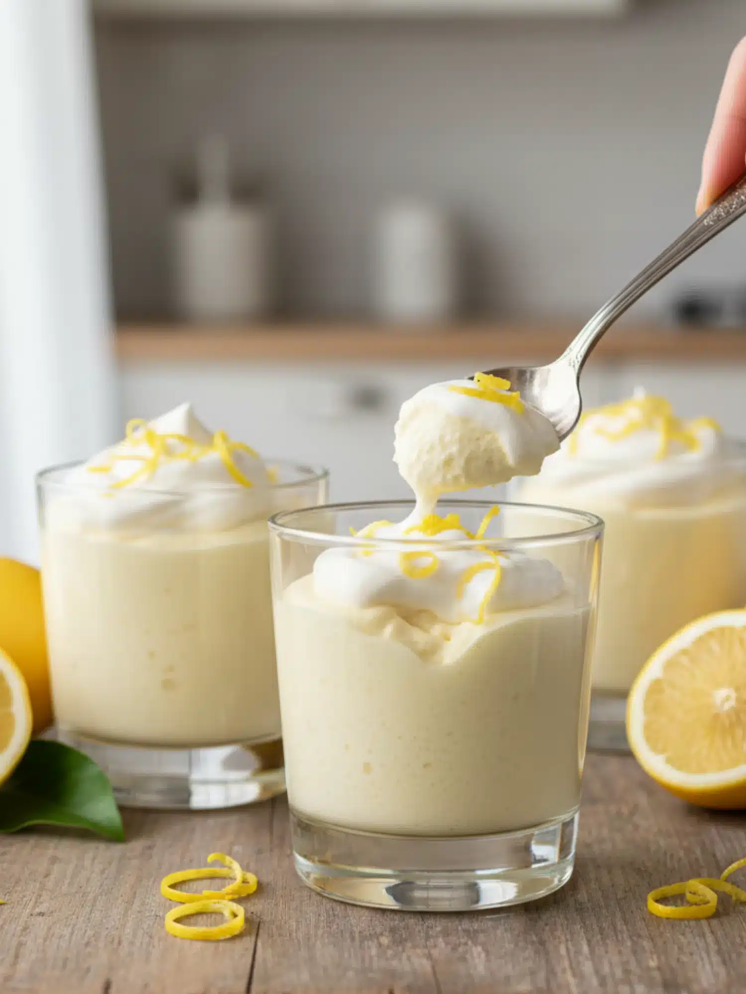 Lemon Mousse Being Served with Spoon Lemon Mousse in glass cups topped with whipped cream and lemon zest, with a spoon lifting a creamy bite to show its airy texture.