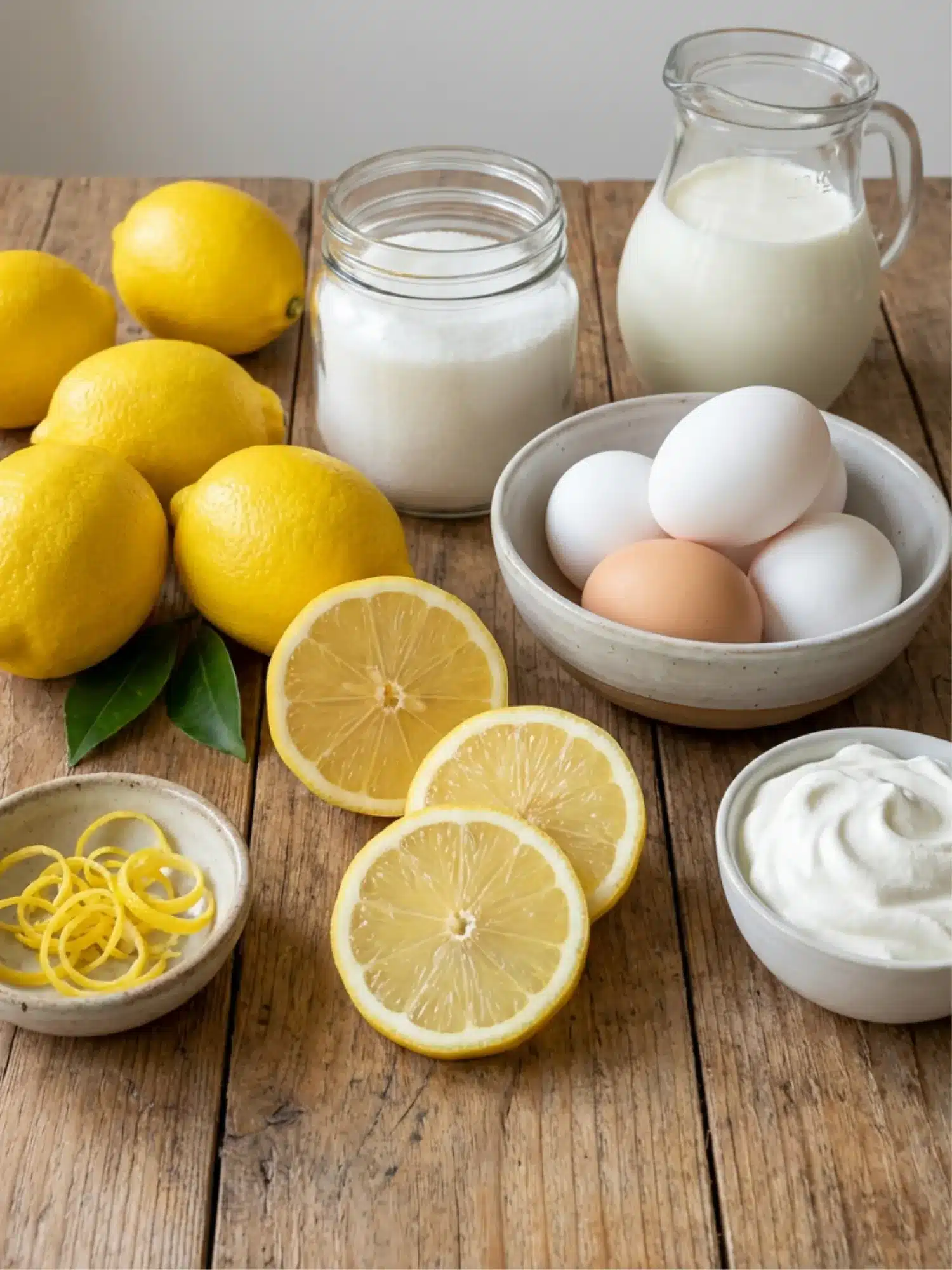 Lemon Mousse Ingredients with Fresh Lemons and Eggs Fresh ingredients for Lemon Mousse including whole lemons, lemon slices, eggs, sugar, heavy cream, and lemon zest arranged on a rustic wooden table.
