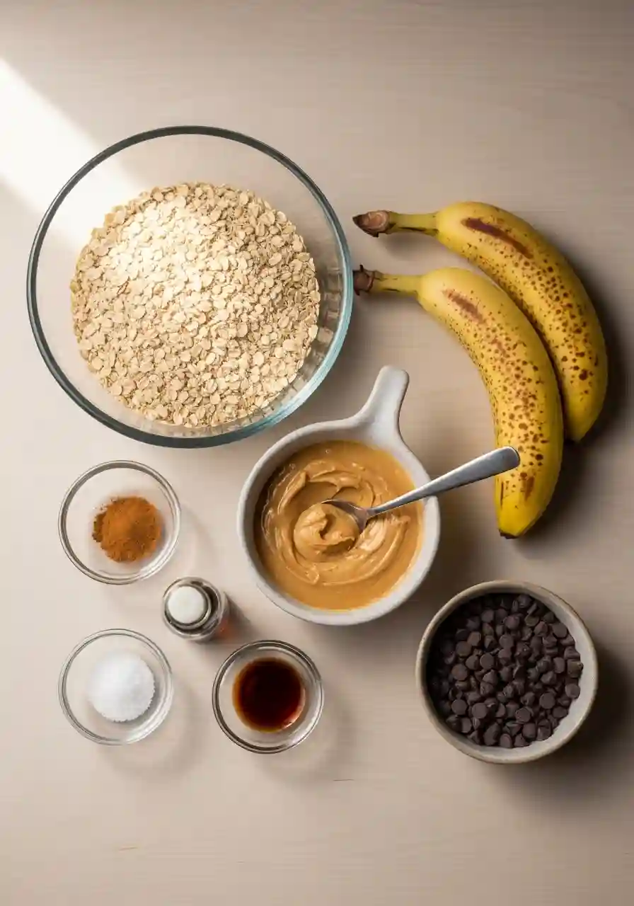 Healthy Breakfast Cookie Ingredients Healthy Breakfast Cookie ingredients including oats, ripe bananas, peanut butter, chocolate chips, cinnamon, vanilla and salt.