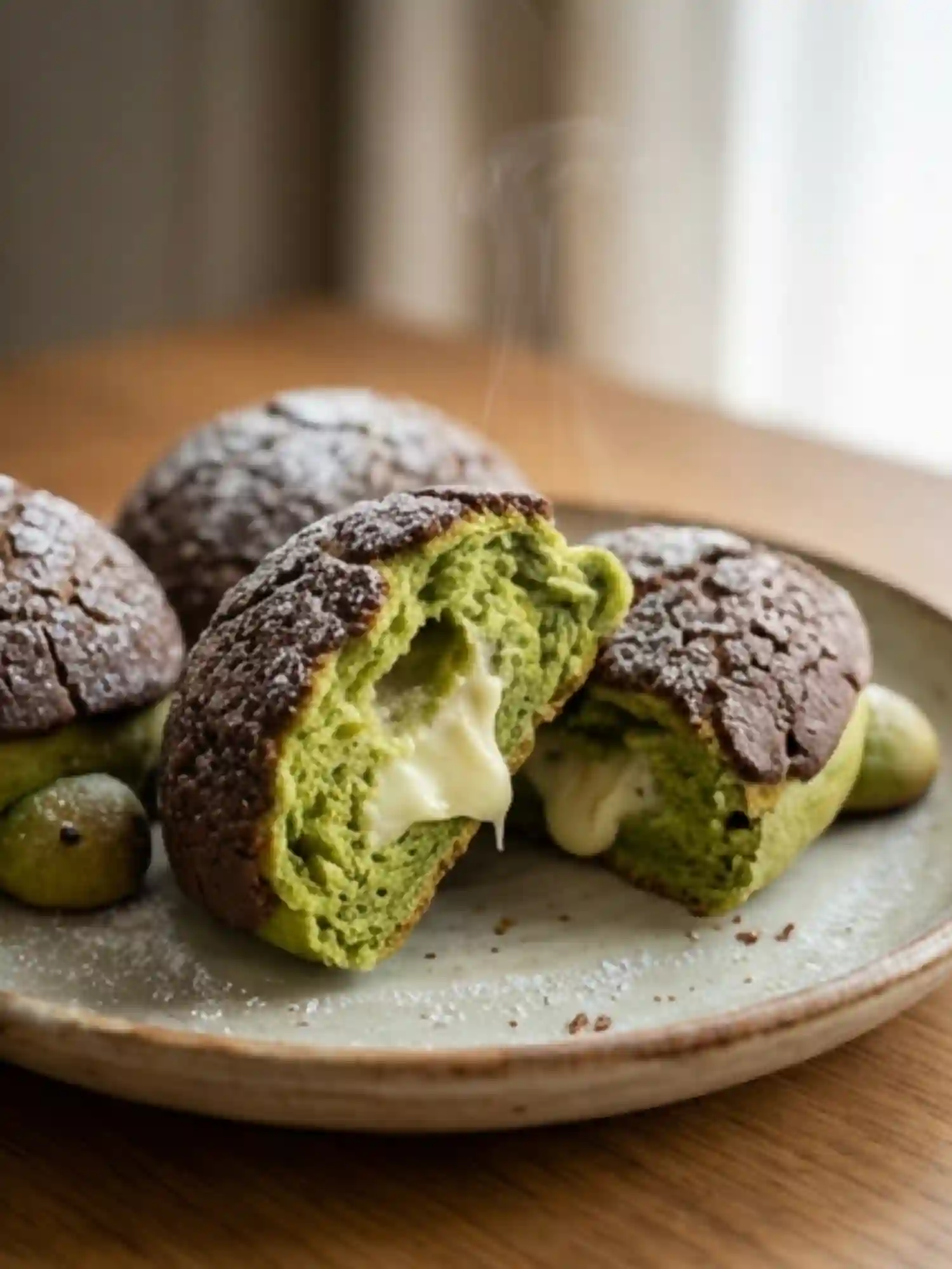 Matcha Milk Bread Turtles White Chocolate Filling Matcha Milk Bread Turtles cut open showing creamy white chocolate filling with chocolate crackle shell