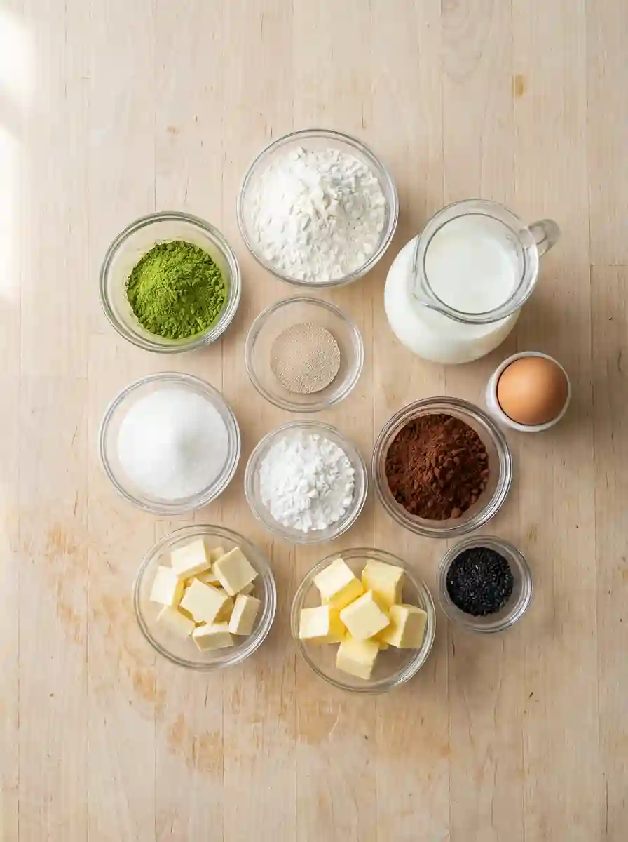 Matcha Milk Bread Turtles Ingredients Ingredients for Matcha Milk Bread Turtles including matcha powder, flour, milk, egg, cocoa powder, butter, sugar, yeast, and black sesame seeds