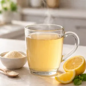 Jillian Michaels gelatin recipe prepared as a warm collagen drink with unflavored gelatin and fresh lemon