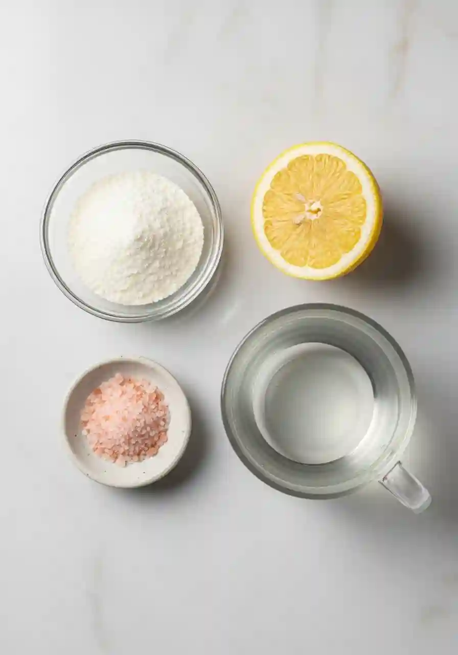 Ingredients for the Jillian Michaels gelatin recipe including unflavored gelatin, lemon, pink salt, and warm water