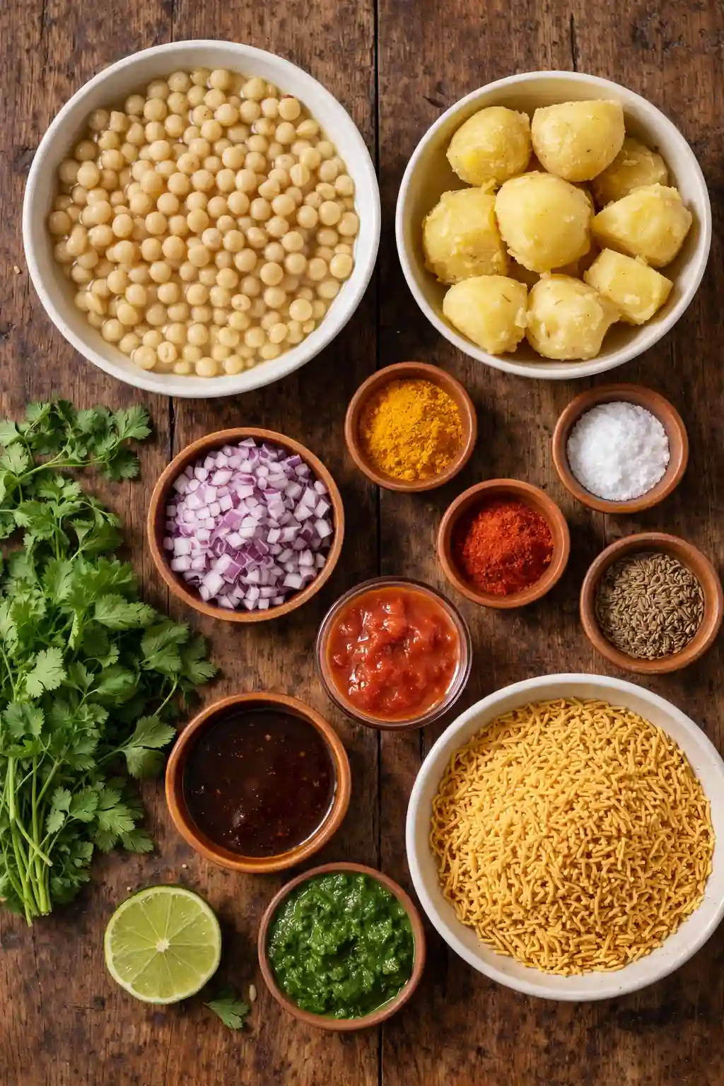Ragda Patties Recipe Ingredients Mumbai Style Ingredients for Ragda Patties Recipe including white peas, boiled potatoes, onions, spices, chutneys, sev and fresh coriander arranged on a wooden table.