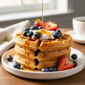 Protein waffles stacked with Greek yogurt, fresh strawberries, blueberries, and maple syrup drizzle on a white plate.