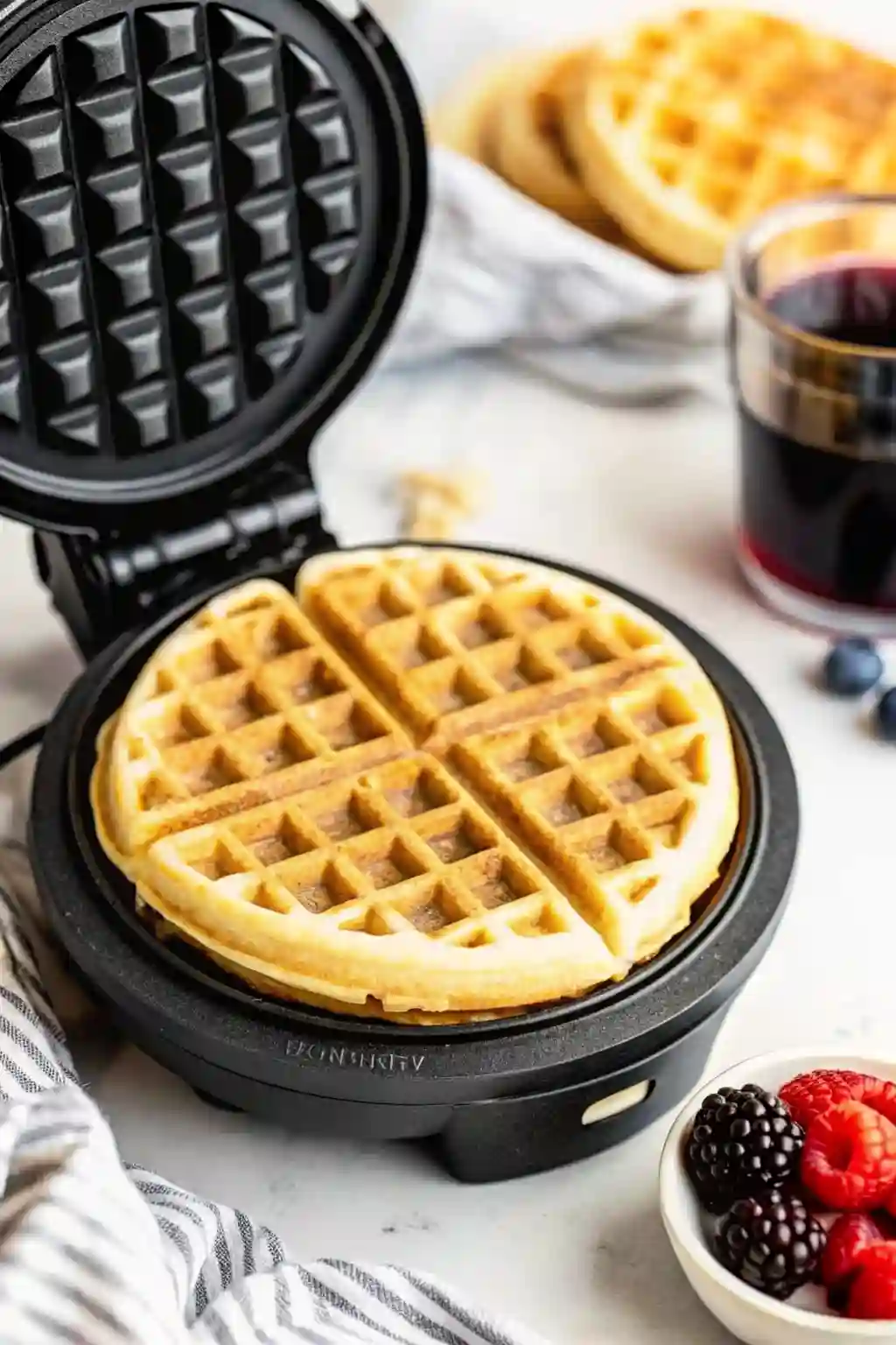 Protein Waffles Cooking in Waffle Iron Protein waffles cooking in a waffle iron with golden crisp texture, served with berries and coffee in the background.
