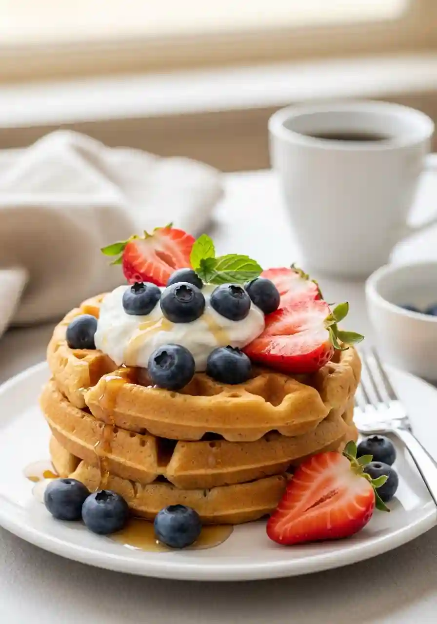 Protein Waffles with Berries and Yogurt Protein waffles topped with Greek yogurt, fresh strawberries, blueberries, and maple syrup on a white plate