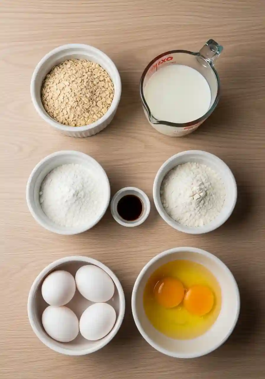 Protein Waffles Ingredients Setup Ingredients for protein waffles including rolled oats, protein powder, flour, eggs, milk, and vanilla extract arranged in bowls on a wooden surface.