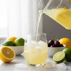 Homemade Gatorade lemon lime being poured over ice with fresh lemons, limes, and cherries on a marble countertop.