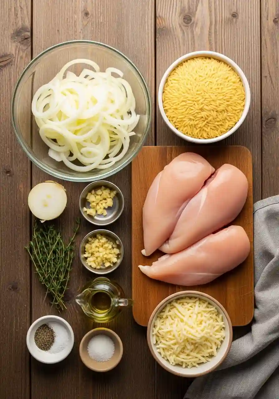 French Onion Chicken Orzo Ingredients French Onion Chicken Orzo ingredients including raw chicken breasts, sliced onions, dry orzo pasta, shredded cheese, garlic, thyme, olive oil, salt, and pepper arranged on a wooden table