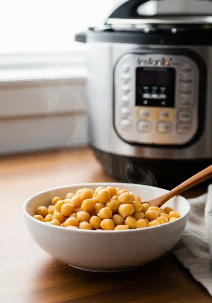 Instant Pot chickpeas served warm in a white bowl with steam rising and pressure cooker in background.