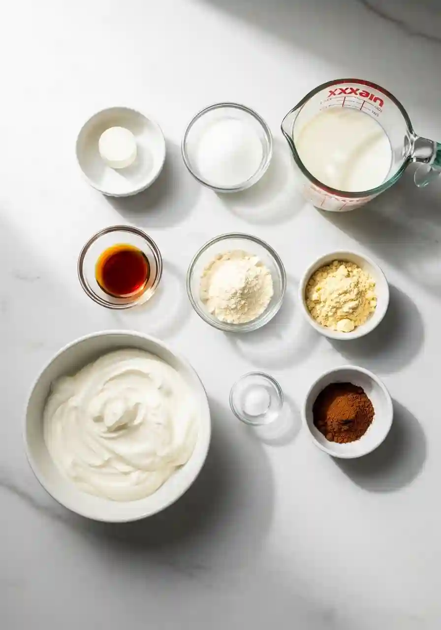 Protein Coffee Jello Ingredients Flat Lay Ingredients for Protein Coffee Jello including Greek yogurt, milk, sugar, gelatin, espresso powder, vanilla extract, protein powder, and salt arranged on a marble surface