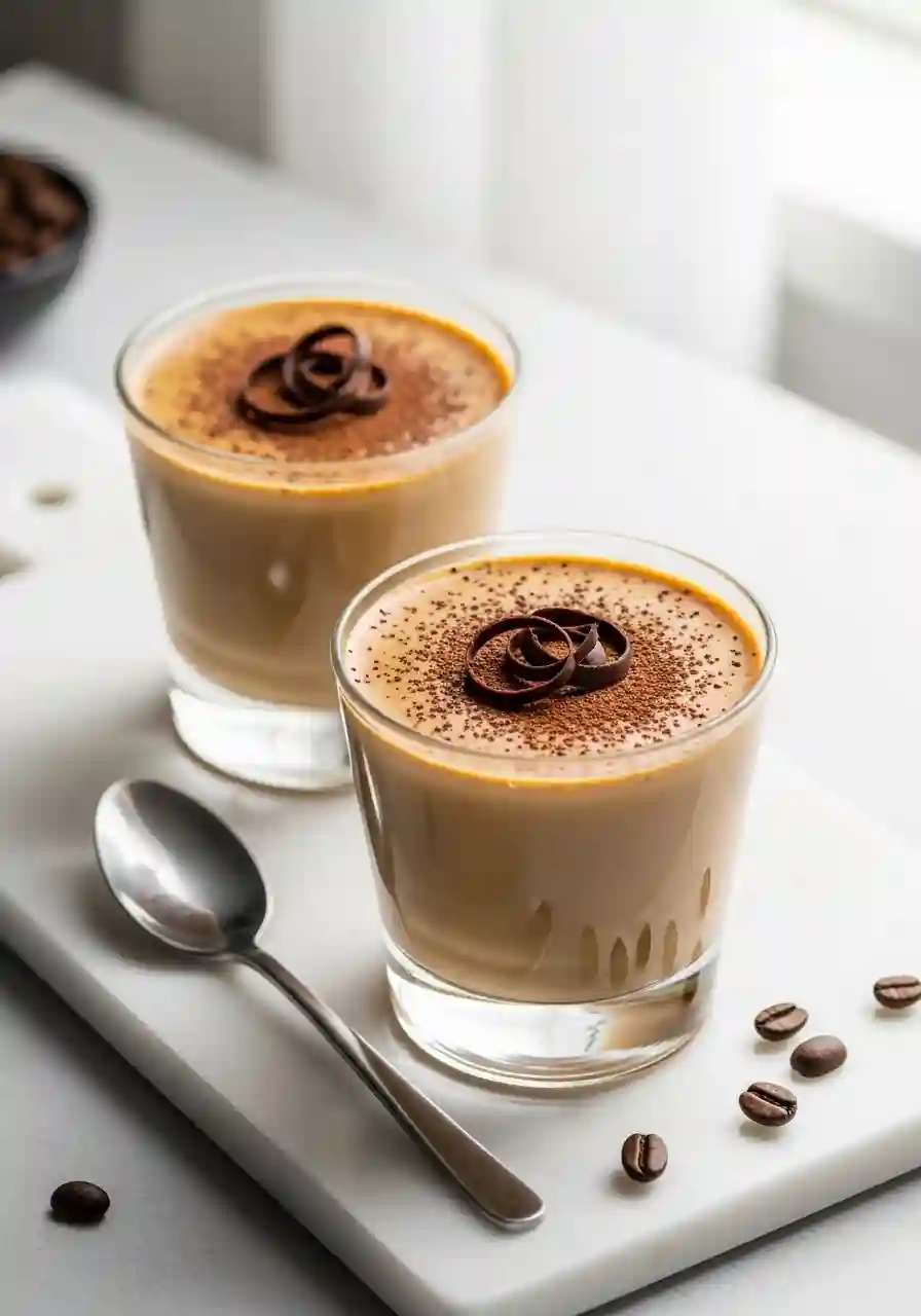 Protein Coffee Jello Creamy Coffee Dessert Creamy Protein Coffee Jello served in clear glass cups topped with cocoa powder and chocolate curls on a marble board with coffee beans and spoon